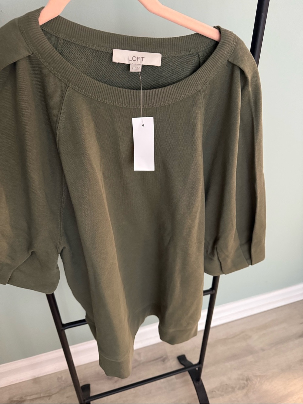 LOFT Olive Green Crewneck Sweatshirt with Puff Sleeves